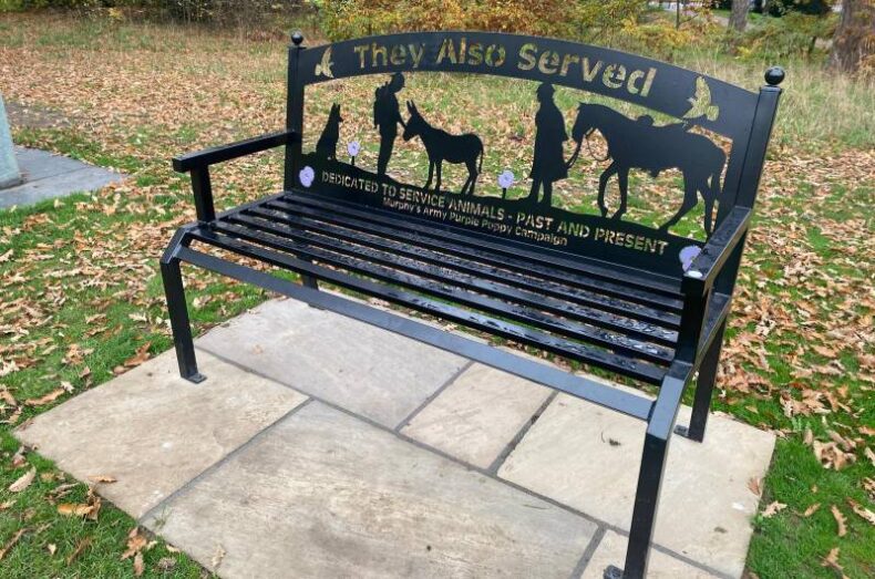Oaklands, purple army animals in service, memorial bench